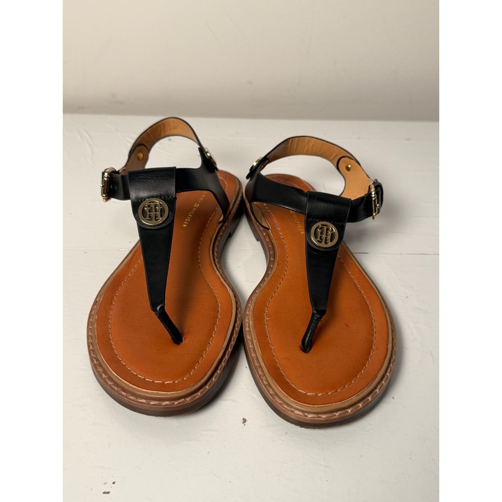 Tommy Hilfiger Black Leather T-Strap Sandals Gold Logo Womens Size 6